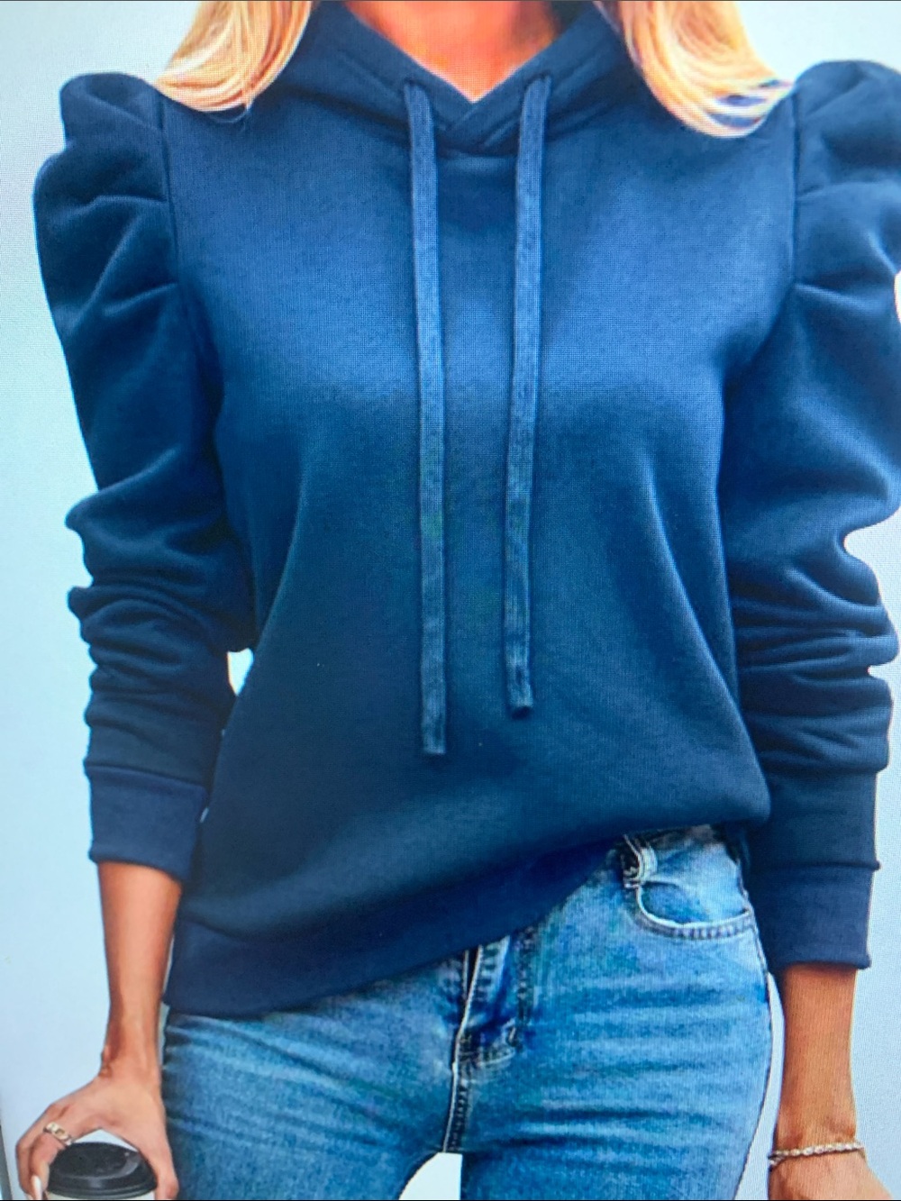 Women's Navy Puff-Sleeve Hoodie Sweatshirt